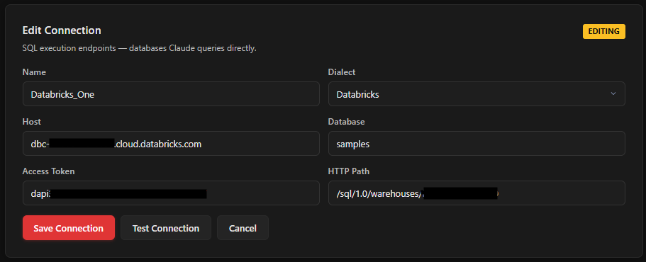 The connection form filled in with Databricks fields