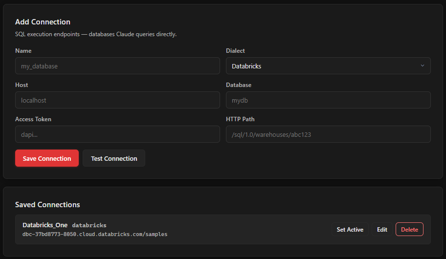 The Connections tab in the Dante UI
